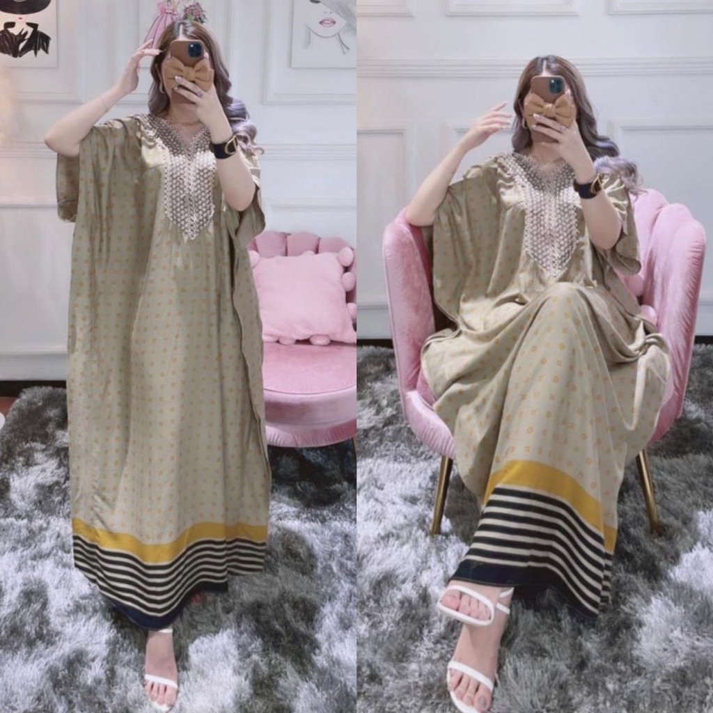 Kaftan Wanita Arabian Polkadot Renda Rayon Viscose Premium Maxy Dress Lengan Pendek Fashion Wanita Kekinian LD 130 cm