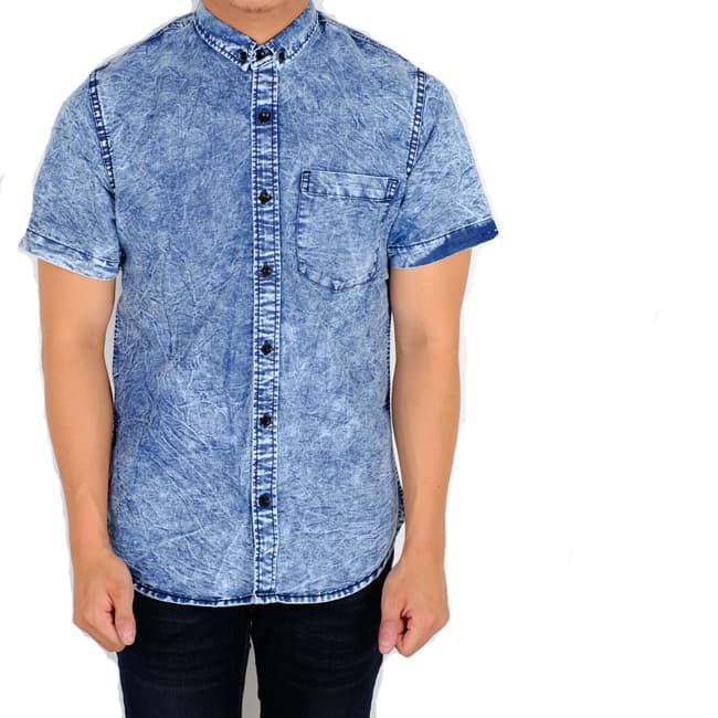 kemeja pria lengan pendek denim / baju cowok denim jeans blue slimfit