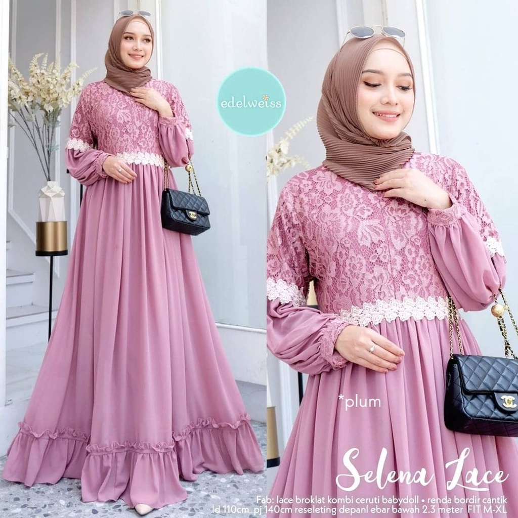 Gamis Brukat Dress Ceruty Babydoll Selena Lace Maxy Baju Busui Friendly Gamis Kondangan Jumbo Busana Muslim Wanita Terbaru