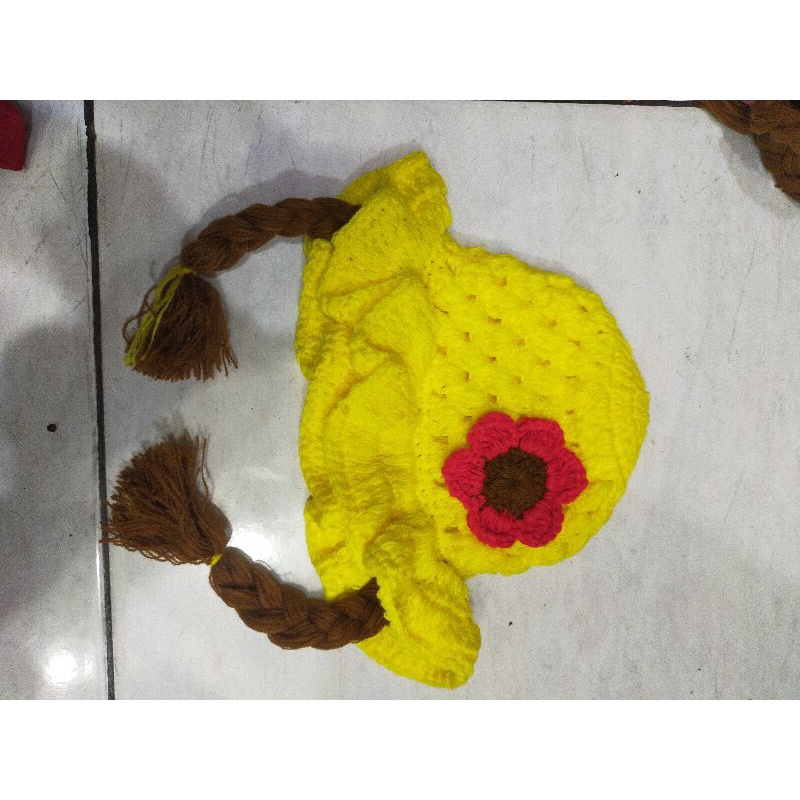 (BISA COD) TOPI KUPLUK ANAK BAYI KEPANG RENDA WIG HAT - KUPLUK KEPANG RENDA WIG HAT RAJUT TERBARU TERMURAH-Kuning
