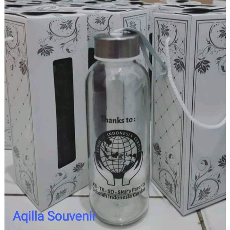 Souvenir botol tumbler kaca + custom + kemas box