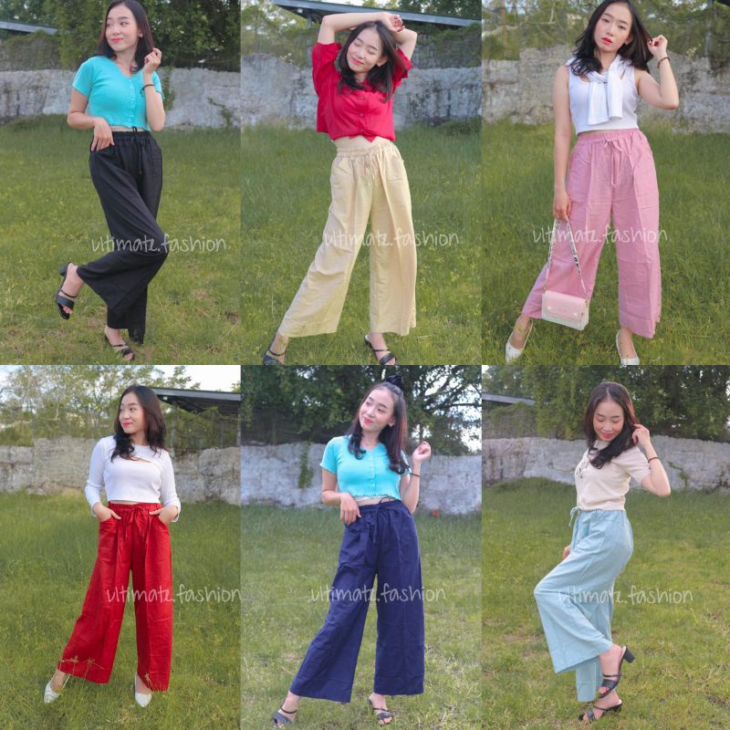 Celana Kulot Linen Highwaist Pinggang Karet Wide Leg Cullote 861