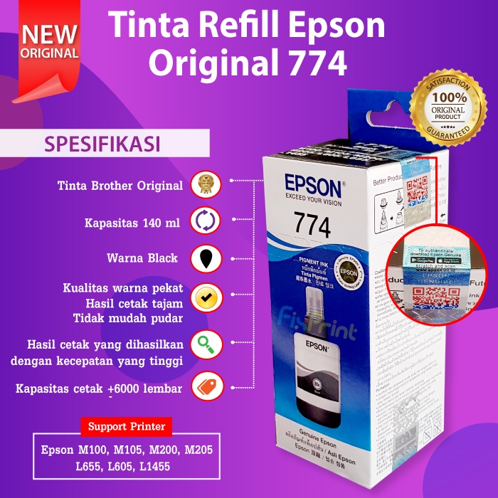 Tinta Epson T7741 Black HITAM Original T774 PRINTER M100 M200 K200