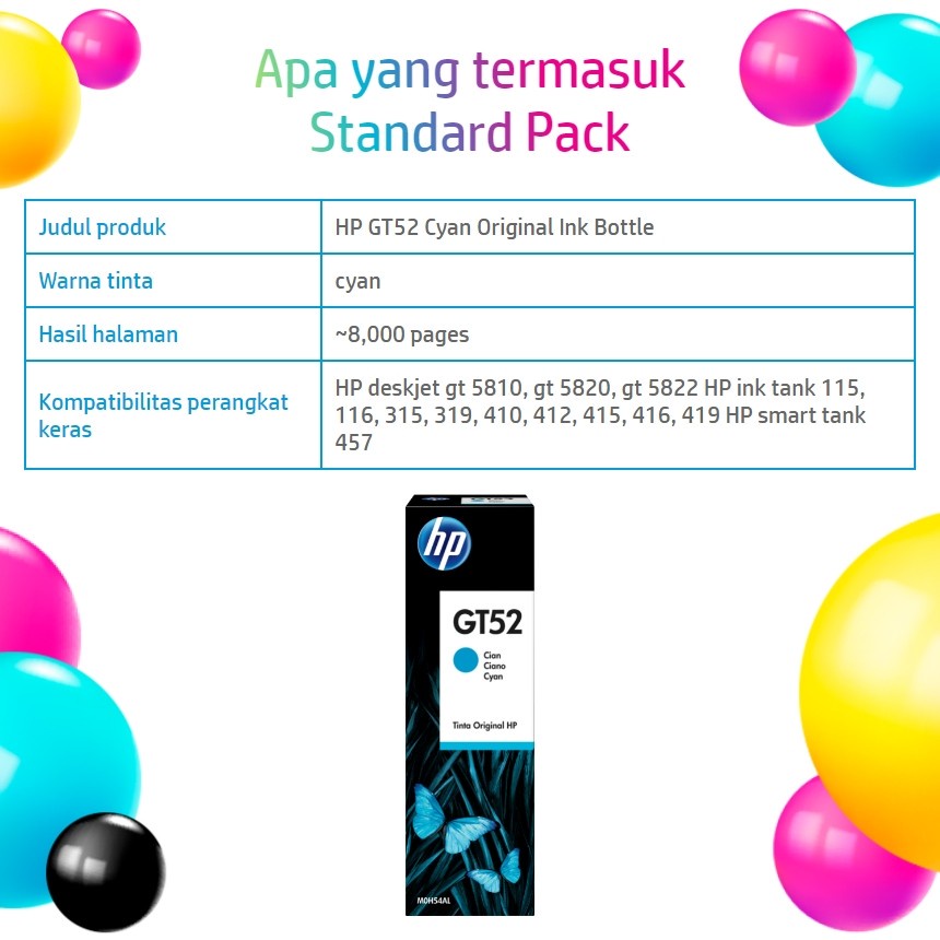 Original HP Ink Bottles GT52 Cyan Color | Tinta Botol Warna Biru Untuk Hp Deskjet GT5800, Ink Tank 110, 300, 400, Smart Tank 500 600 Series -Geniune Product