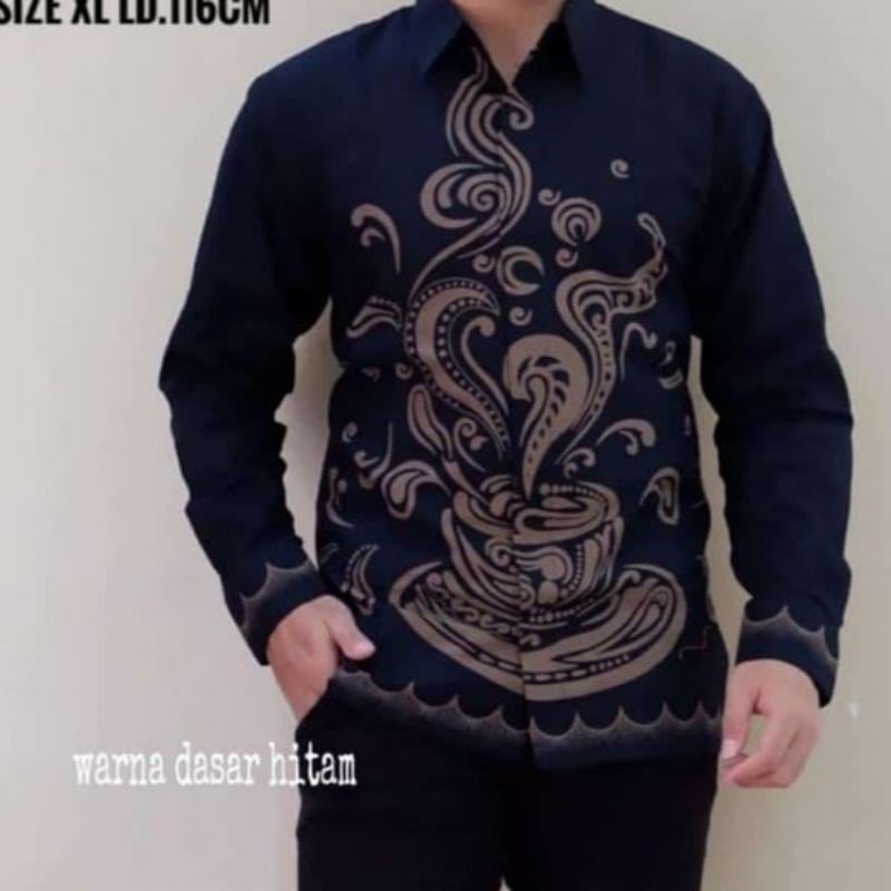 Batik Pria Hitam Bahan Katun Primisima / Batik Kopi Pria Kemeja Batik Pria Motif Kopi Bahan Katun Full Lapis Furing / Baju Batik Pria Hitam Lengan Panjang Lapis Furing