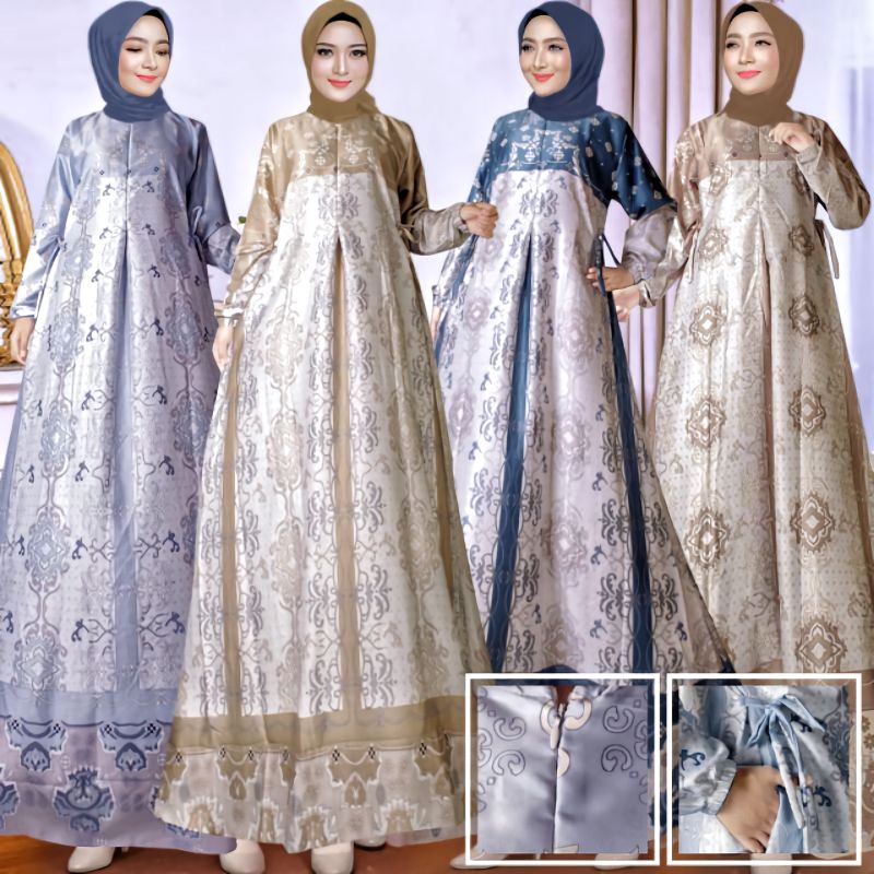 (Jumbo Ori Ready) Gamis Silk Motif Dress Melva/ Gamis Simple Elegan /Seply satin silk premium/ Model