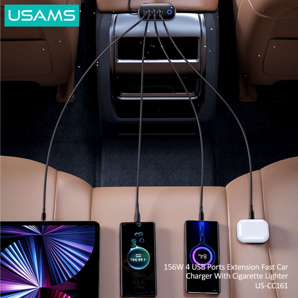 USAMS CC161 Car Charger 156W 4 USB Ports Fast Charging + Lighter Mobil