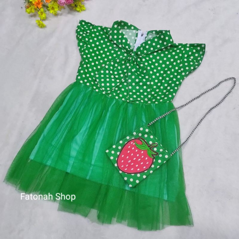 Dress anak cewek 1 2 tahun baju anak perempuan bonus tas kecil ( dress polka TAS )