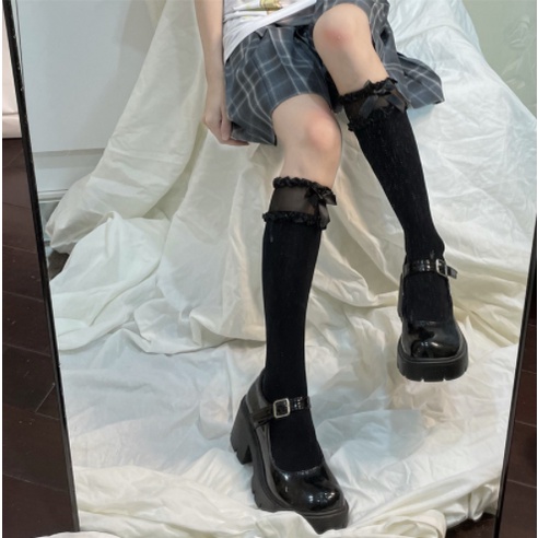 LS-33 Kaos Kaki Stoking Transparan Selutut Renda Cute Lolita Japan Cosplay