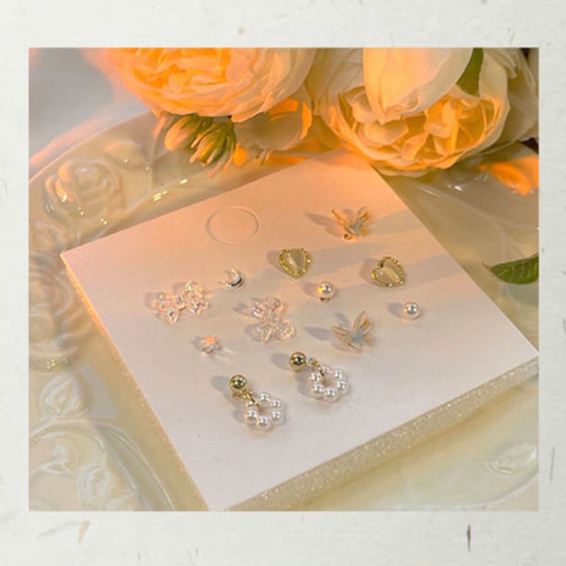 Butterfly Set Anting Stud Desain Kupu-Kupu Hati Pita Bintang Aksen Mutiara Untuk Wanita