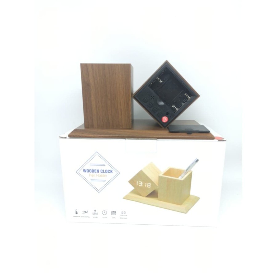 Jam Weker Alarm LED Digital Wood, Watch Meja Motif Kayu Tempat Pensil