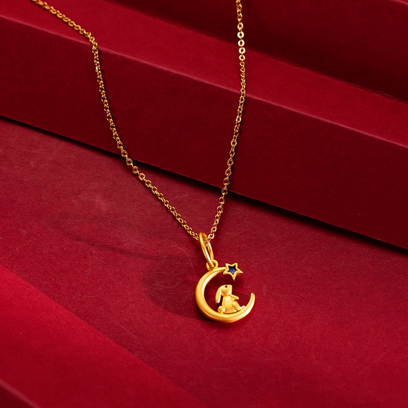 Kalung Rantai Klavikula 24K Desain Bulan Kelinci Kecil Bahan Giok Lembut Untuk Aksesoris Pelajar Perempuan