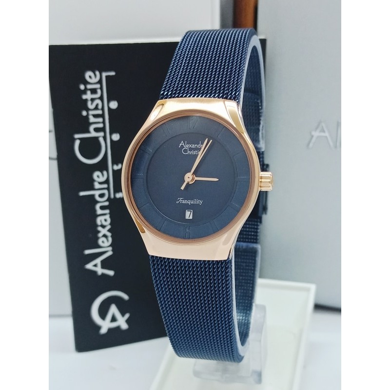 jam tangan wanita alexandre christie AC 8331LD BIRU ROSEGOLD TALI PASIR