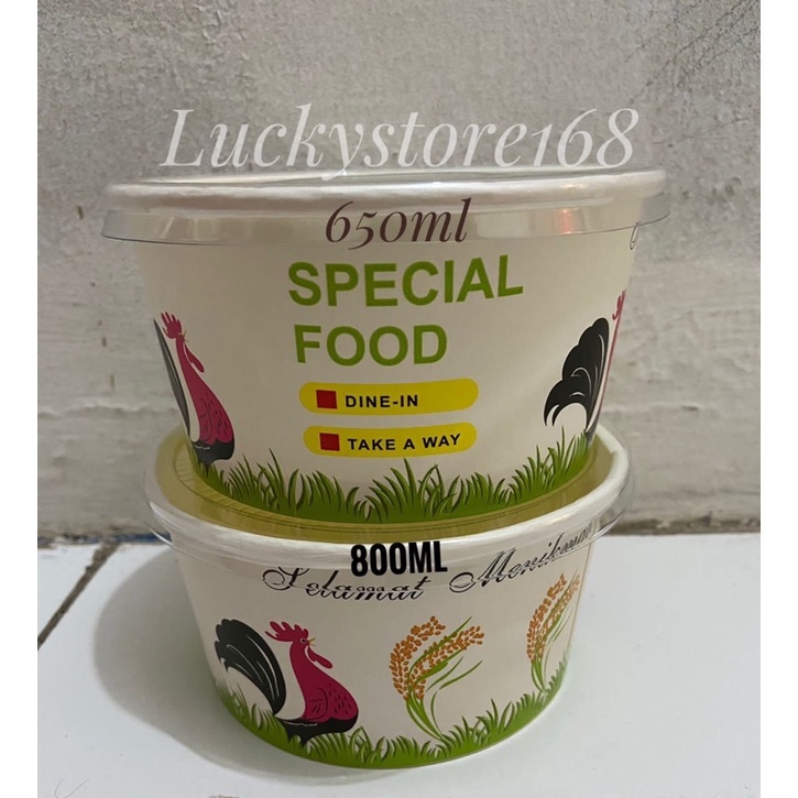 PAPER BOWL MOTIF AYAM JAGO 650 ML  + TUTUP [MOTIF TERBARU]