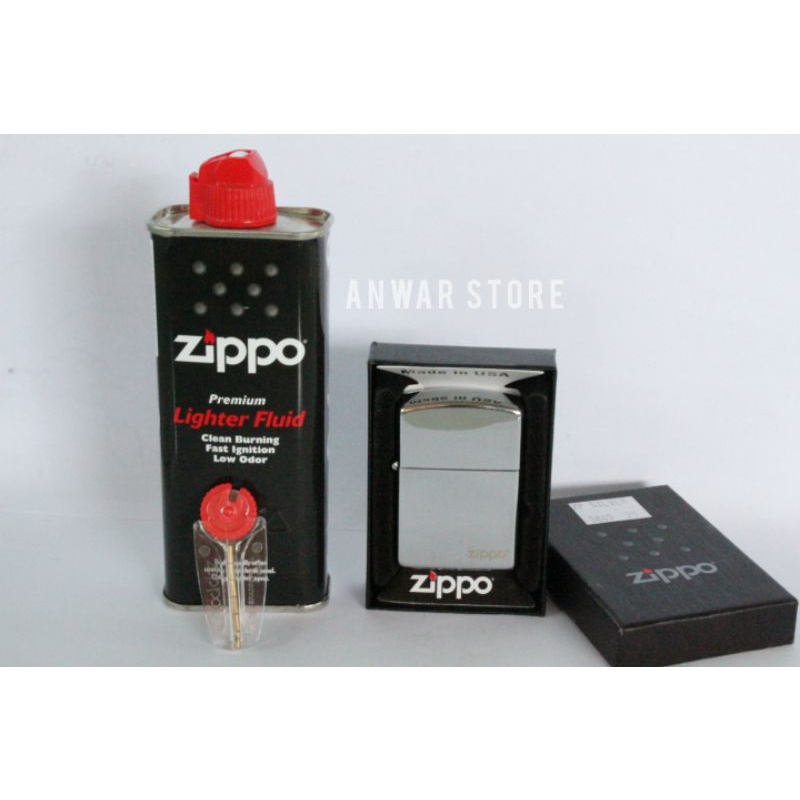 Paket Korek Api Zippo Silver Ice (mengkilat) + Minyak Zippo 125 ml
