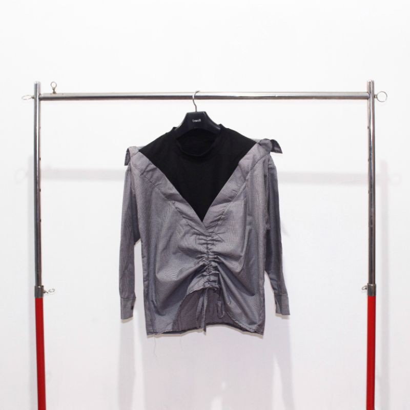 Monochrome Set (Black) / Kemeja Kotak-Kotak Korea / Kemeja Kaos / Baju Serut / Kemeja Serut wanita