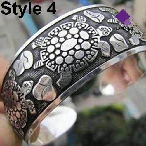 Gelang Bangle Cuff Model Lebar Motif Ukiran Gajah Warna Silver Gaya Vintage Tibet