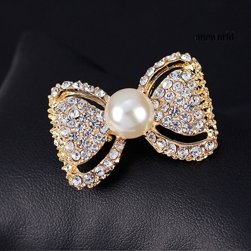 OW@ Lady Fashion Bowknot Shiny Rhinestone Imitation Pearl Scarf Dress Brooch Pin