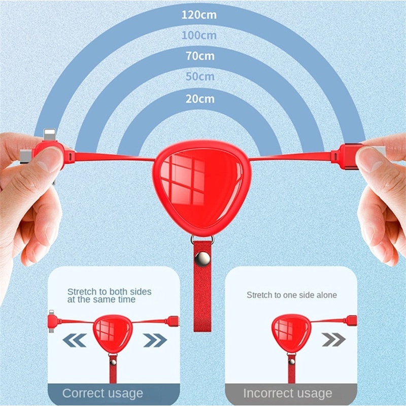 Kabel Data Pengisian Cepat 3-In-1 Set Kabel Data Teleskopik Ketangguhan Tinggi Berbentuk Hati Kabel Pengisian Bahan TPE