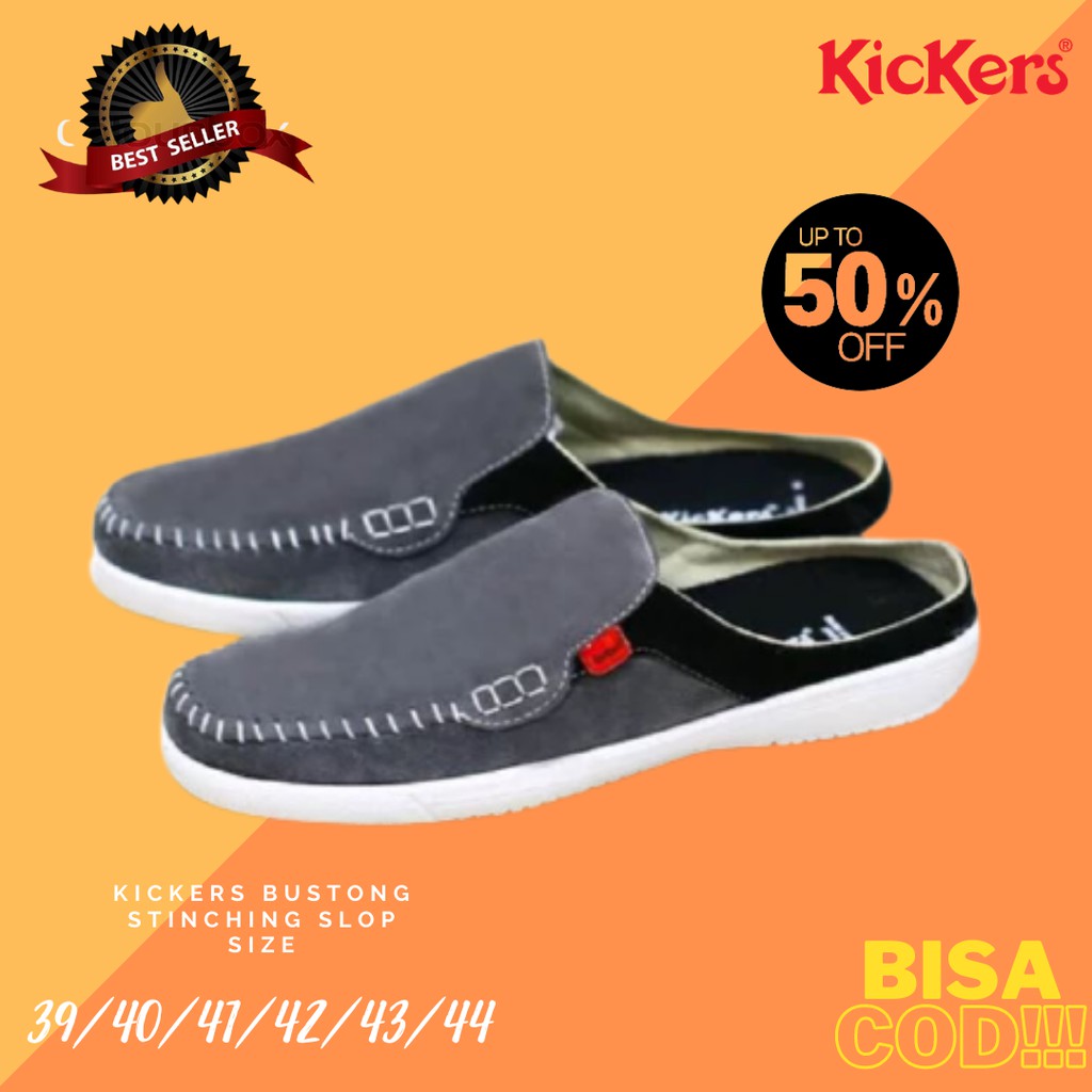 Sepatu Pria Kickers Stiching Bustong Abu Suede Slop Tutong Kasual Santai Cowok Selop Murah Keren