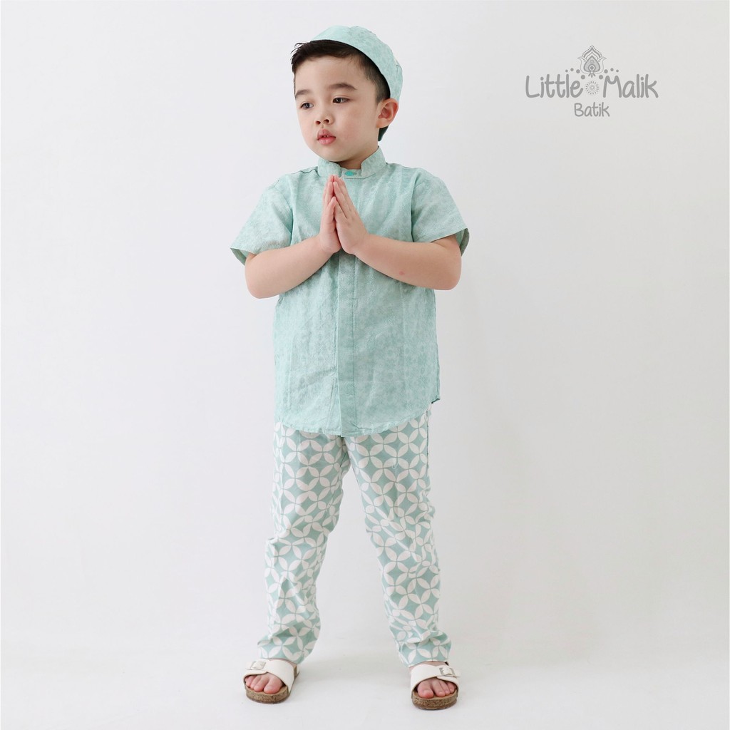 Setelan Kemeja Lengan Pendek Batik Koko Anak By Little Malik Batik, Garutan Dobby Warna Toska