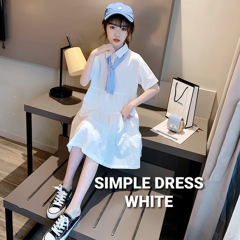 SIMPLE DRESS WHITE / BAJU TERUSAN CASUAL ANAK PEREMPUAN DAILY PUTIH / DRES SIMPLE REMAJA KATUN