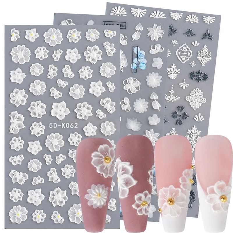 1 Lembar Stiker Kuku Motif Renda Bunga 5d Warna Hitam Putih Bahan Akrilik Untuk Dekorasi Manicure