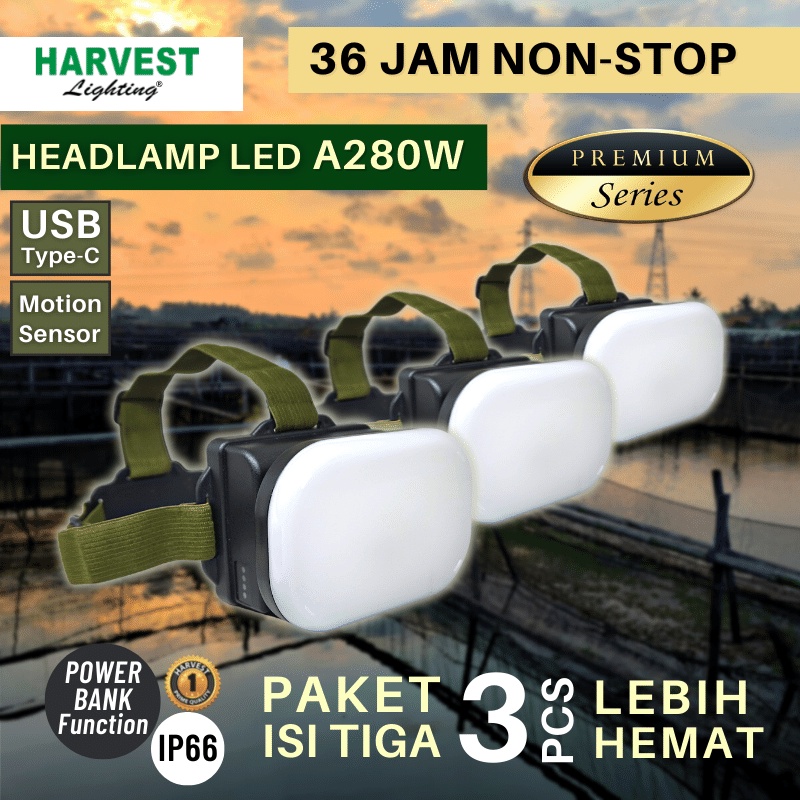 A280W HARVEST LIGHTING Senter Kepala LED Super Terang FLOODLIGHT  - Paket Isi 3 -  Headlamp PREMIUM Lampu Emergency Travel Tambang Hunting Rechargeable Original Bergaransi