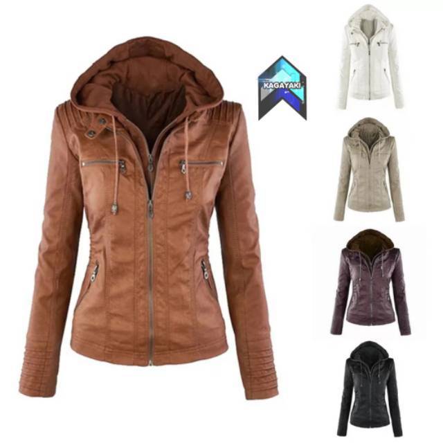Jaket semi kulit wanita / jaket kulit sintetis wanita jaket hoodie