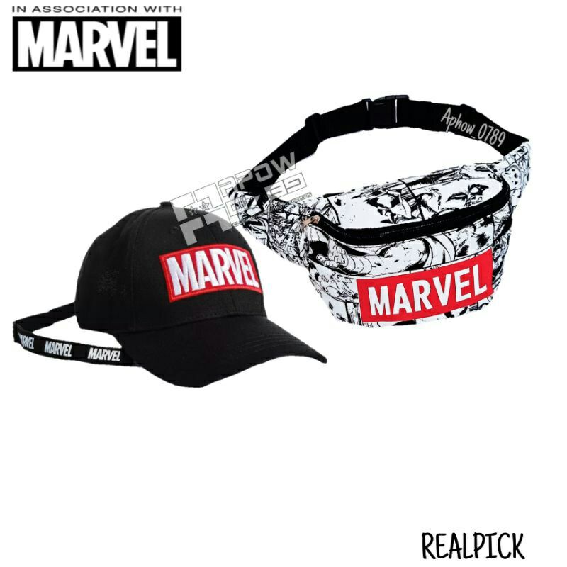 2IN1 TOPI BORDIR MARVEL TAS SELEMPANG KANVAS MARVEL TAS ANAK WAISTBAG ANAK TOPI ANAK MOTIF MARVEL