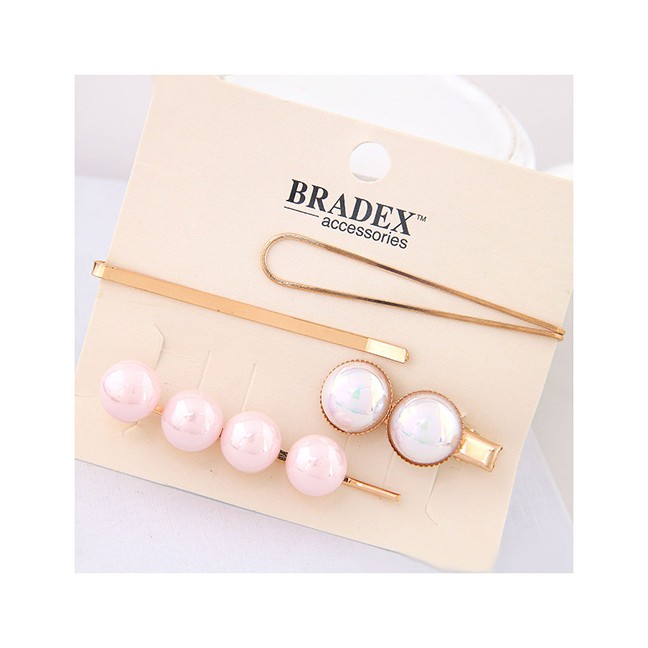LRC Jepit Rambut Fashion Pink Pearl Alloy Hair Clip Four-piece A58543