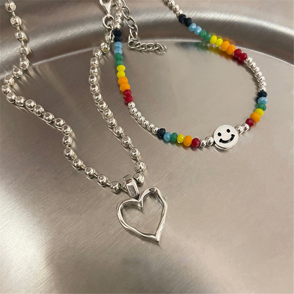 【COD Tangding】2pcs Kalung Choker Klavikula Hias Liontin Manik-Manik Hati Smiley Face Gaya Korea Untuk Perempuan