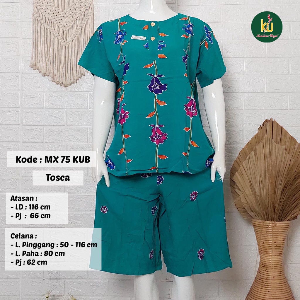 Bisa COD MX75 KUB | Setelan Kulot Celana Pendek Batik Kencana Ungu Asli Label Biru | Baju Santai Piyama Tidur Wanita Kancing Depan Busui Friendly Motif Terbaru-Tosca E