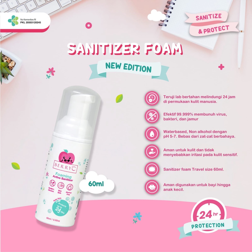 BerryC - BerryC Active Sanitizer Foam untuk Hand &amp; Body, non sticky, non wet, rinseless wash 60ml