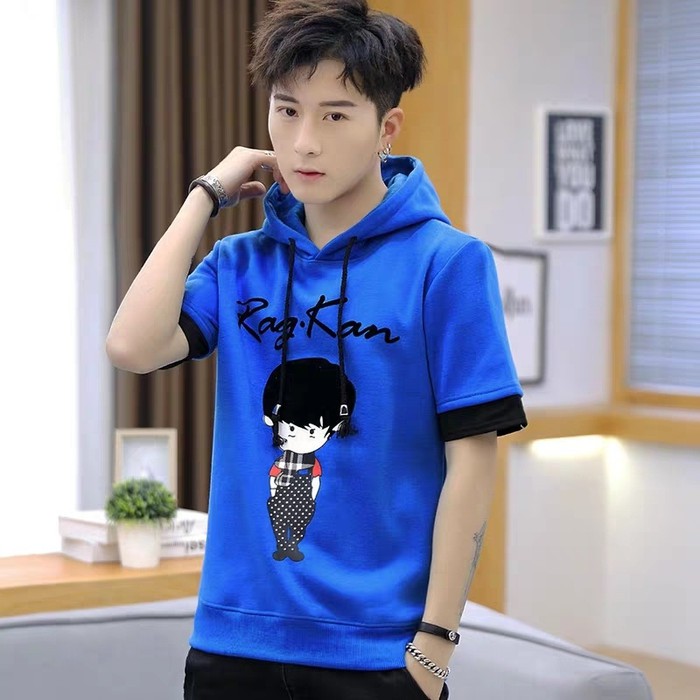 kaos hoodie lengan pendek motif sablon fashion pria korea terbaru