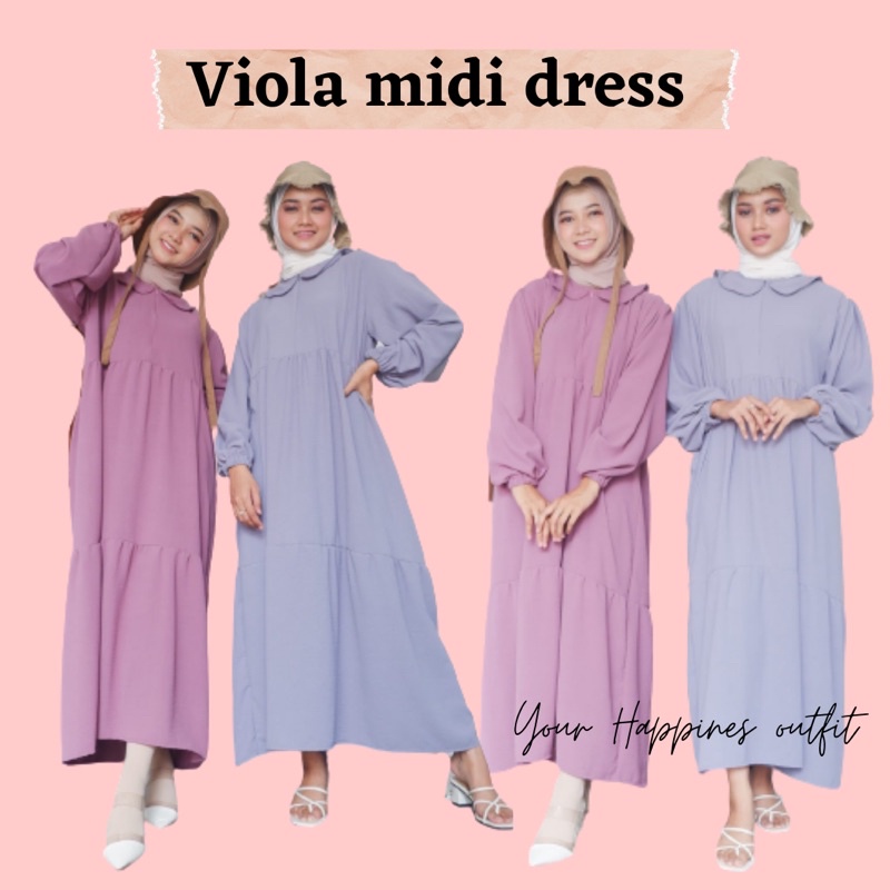 Midi dress wanita bahan crinkle airflow motif polos tangan balon viola midi dress ceria shop