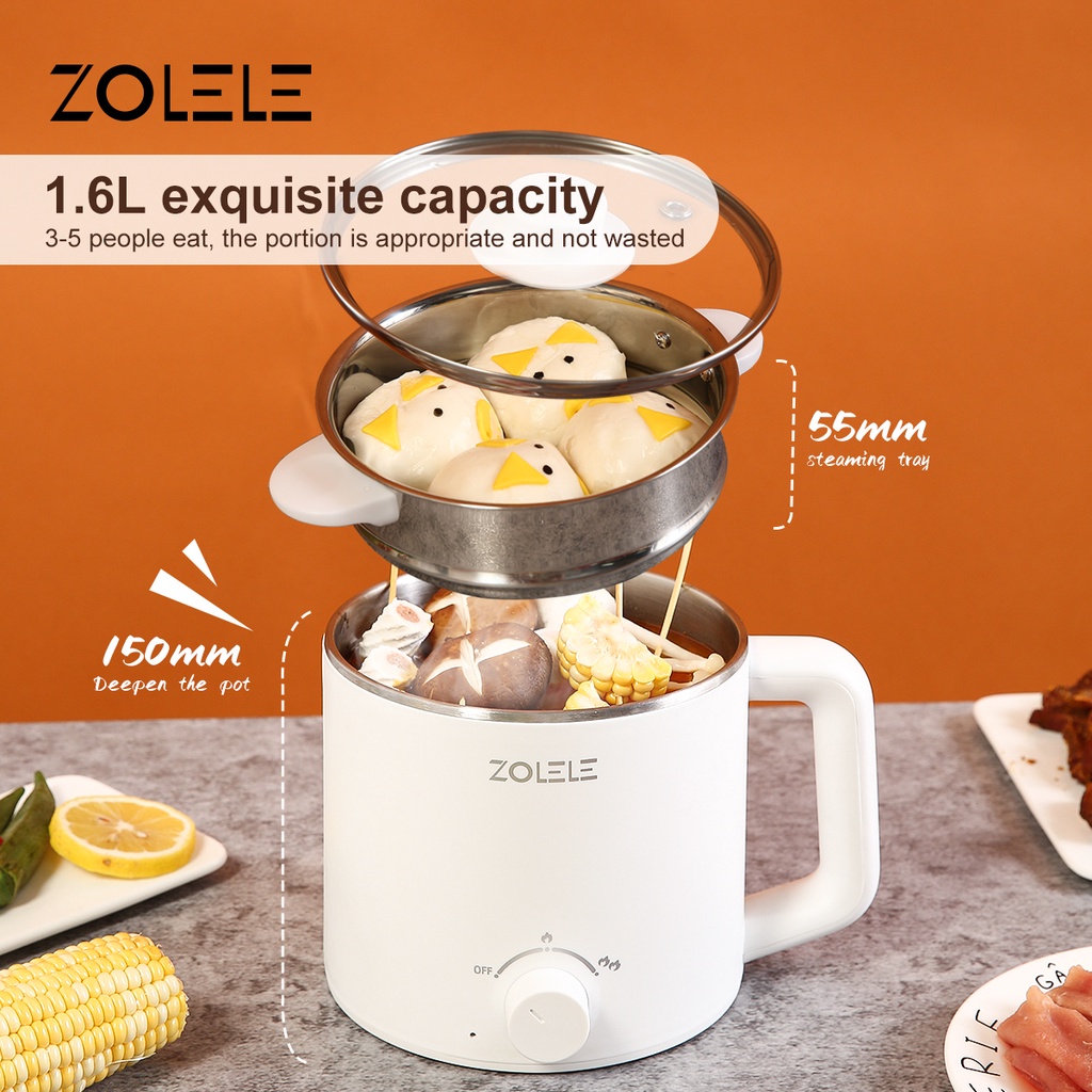 ZOLELE Panci Listrik Serbaguna 2-Layer 1.6L Elektrik Pressure Cooker Low Watt Steamer 4 in 1 Food Frypan Hotpot with Gagang Anti Melepuh Portable Non-stick Peralatan Dapur Home Kitchen ZC301