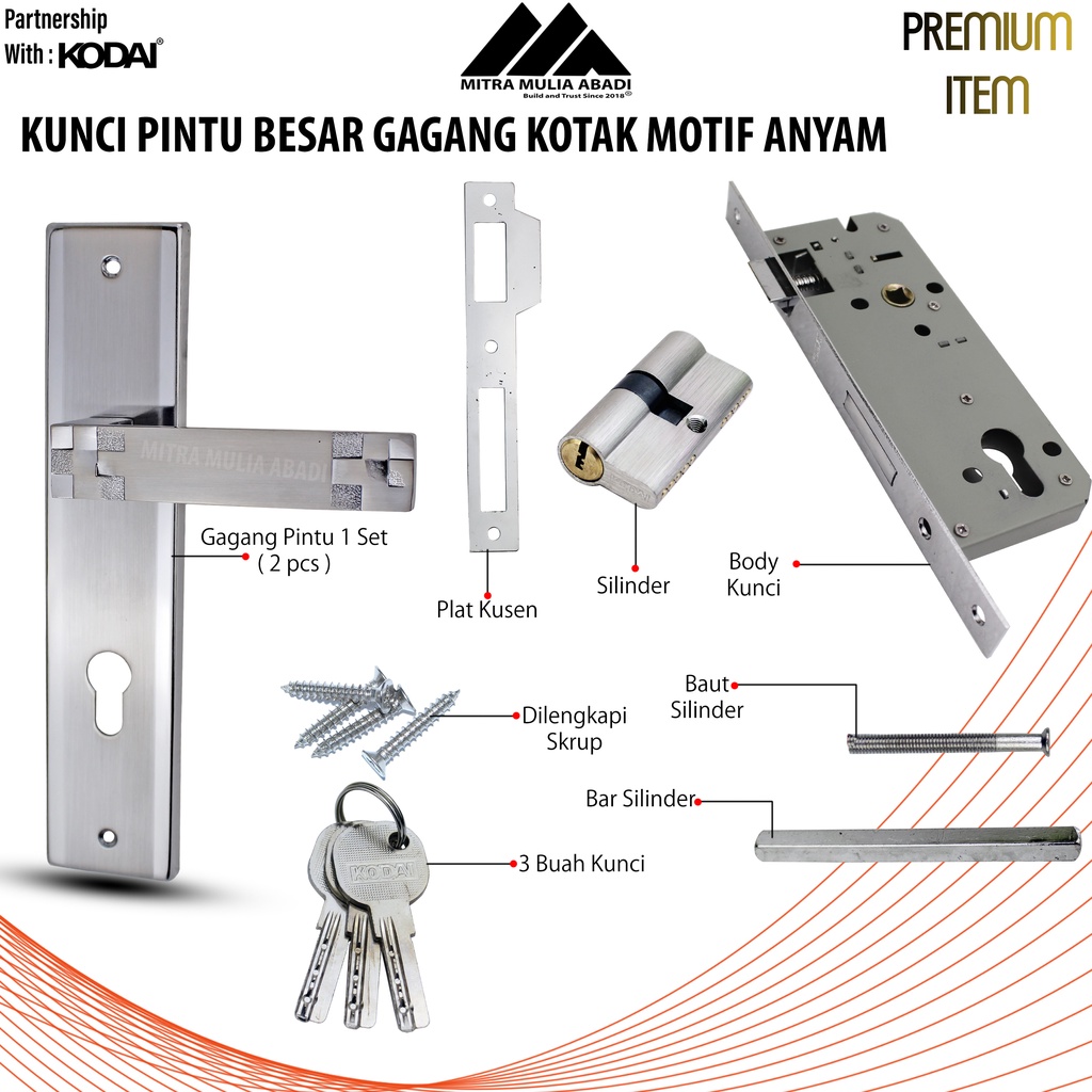 Kunci Pintu Besar Silver Ultima by KODAI | Gagang Kotak Motif Anyam | Full Set