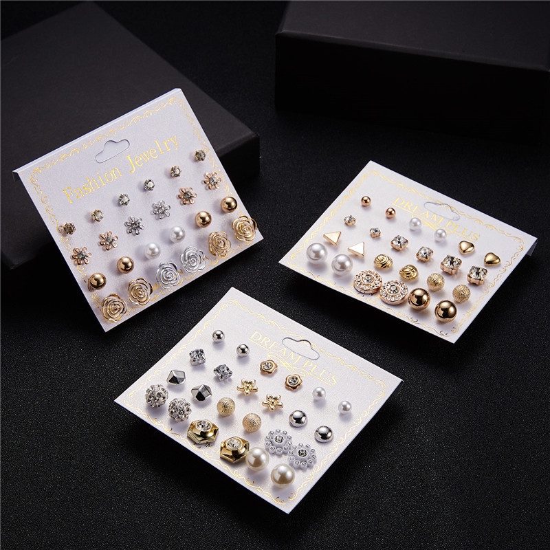 [✅READY STOCK] 12 Pasang/1 Set Anting Tusuk Model Mutiara Intan Bentuk Bulat Gaya Korea Untuk Wanita premium earring hadiah kado