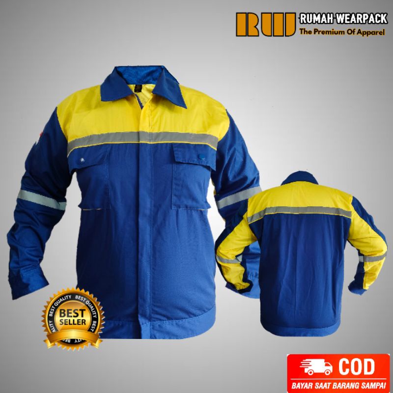 Wearpack Kerja/ Baju Proyek/ Seragam Kerja Warna Biru Benhur Kombinasi Kuning