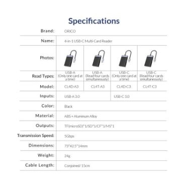 Usb Type-c 3.0 card reader orico Ms cf sd micro sd tf memory card 4in1 5Gbps read single CL4D-C3 - Pembaca kartu memori