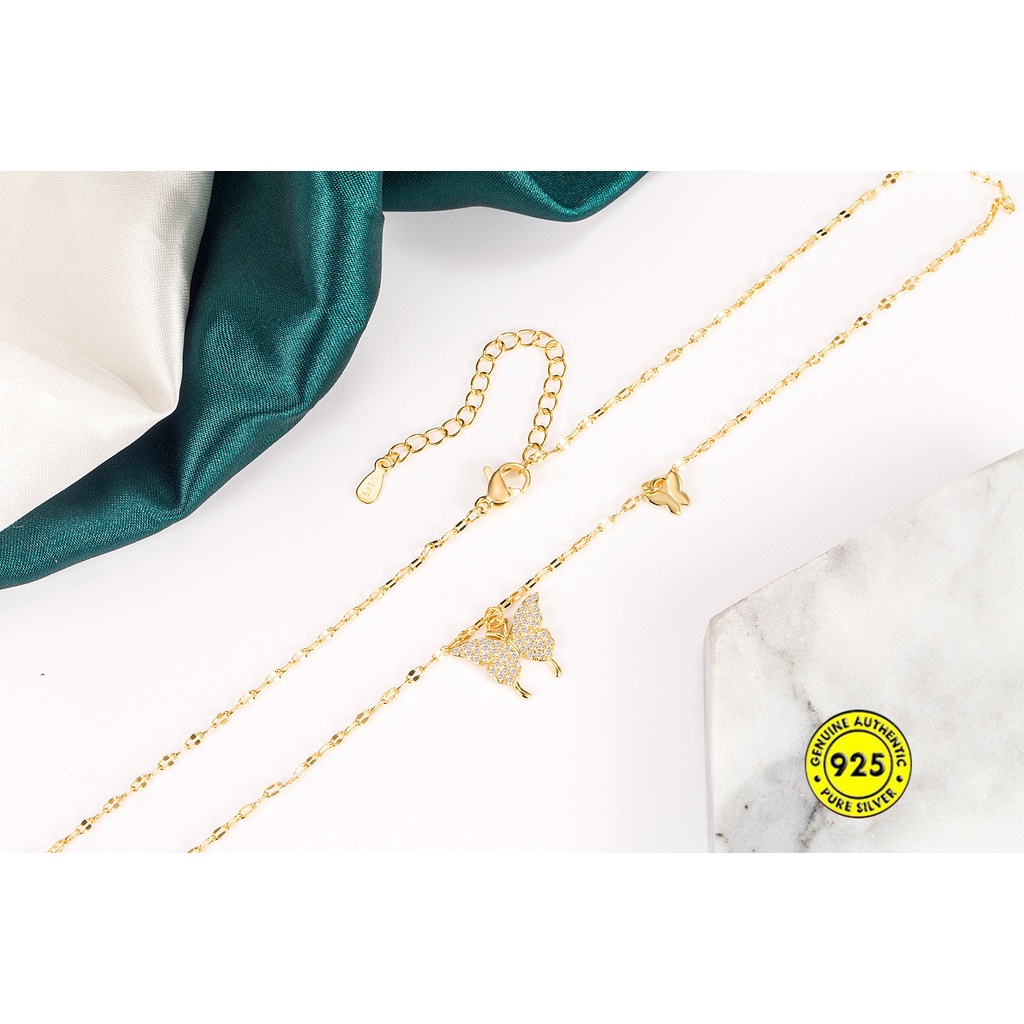 Kalung Rantai Klavikula Lapis Emas 18K Desain Kupu-Kupu Aksen Berlian Bahan S925 Silver Untuk Wanita