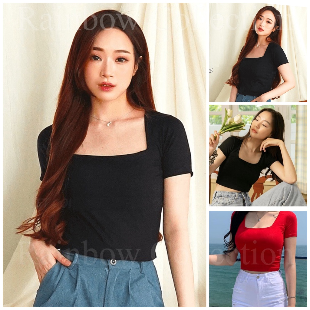 RAINBOW - CROPTOP LEHER KOTAK/ SQUARE NECK LENGAN PENDEK / BAHAN SPANDEK