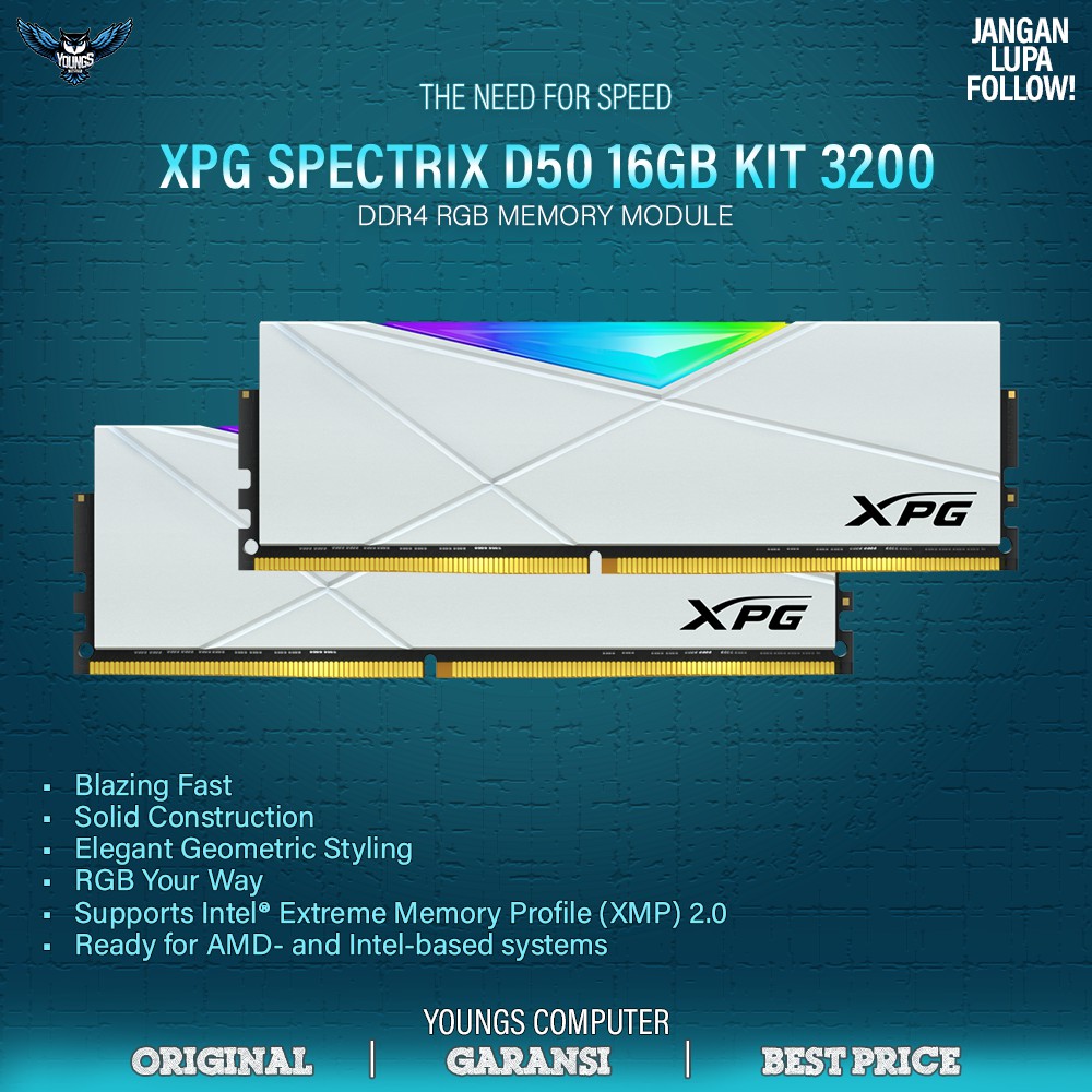 ADATA XPG SPECTRIX D50 WHITE RGB DDR4 16GB KIT 3200 MEMORY RAM (8GBx2)