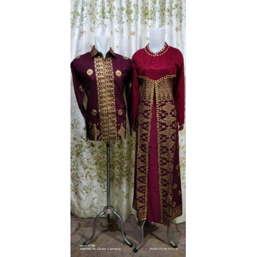 Gamis batik songket kombinasi brokat maron couple