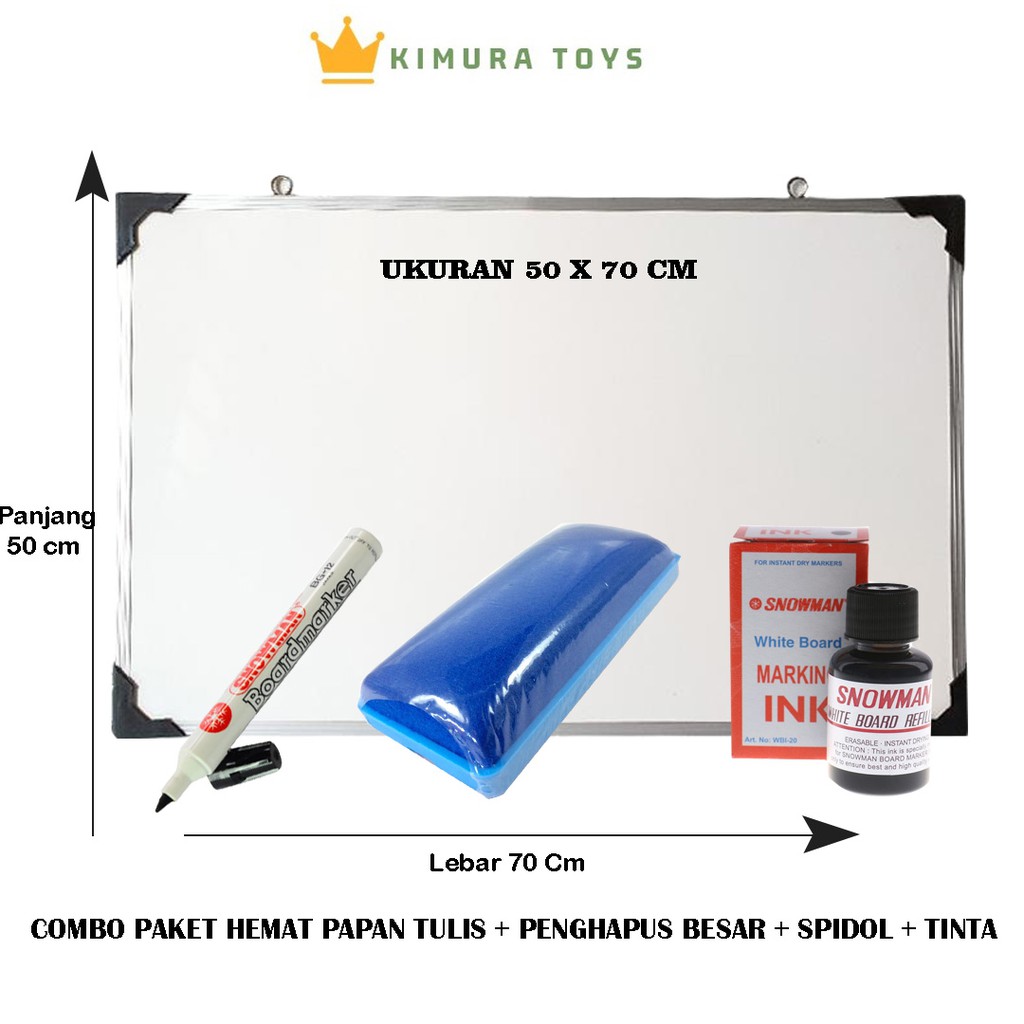 

Paket Lengkap PAPAN TULIS WHITE BOARD + Penghapus + Tinta Snowman + Spidol