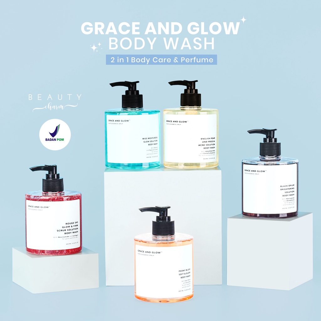 BPOM Grace and Glow Black Opium Brightening - English Pear &amp; Freesia Anti Acne Body Wash - Body Scrub - Miss Moisture - Peony Blush