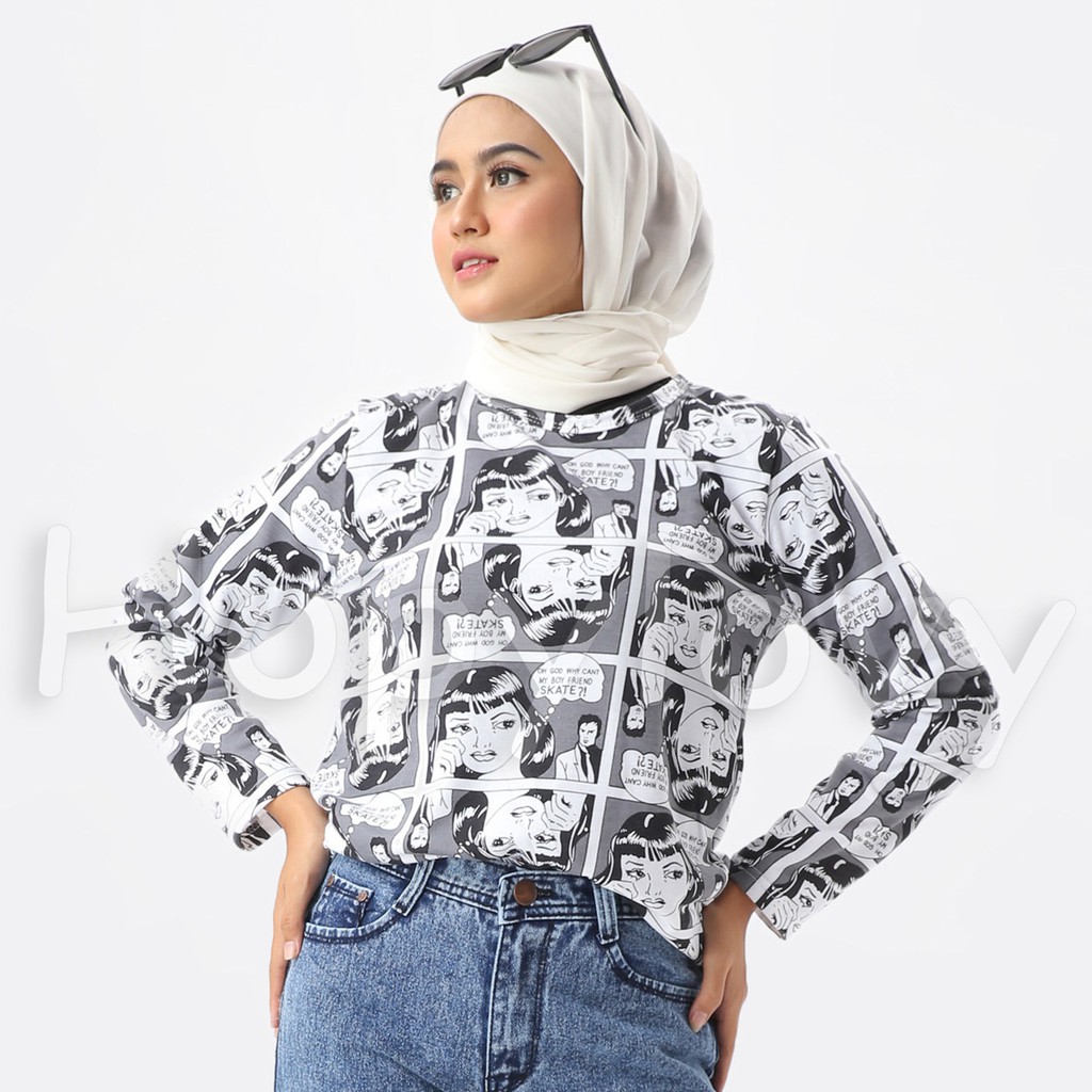 HOPYLOVY Kaos Wanita Printing motif Komik