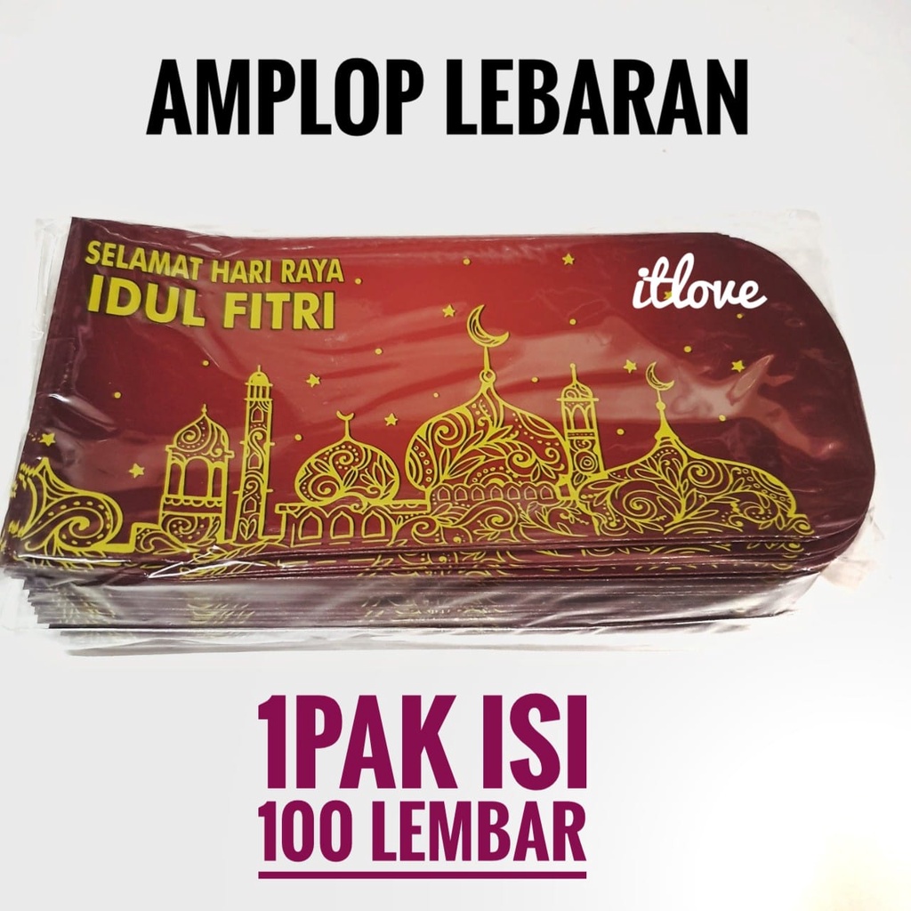 CUCI GUDANG 100pcs Amplop Lebaran Ampau Uang Lebaran Idul Fitri Ukuran Besar L Motif Masjid Maron