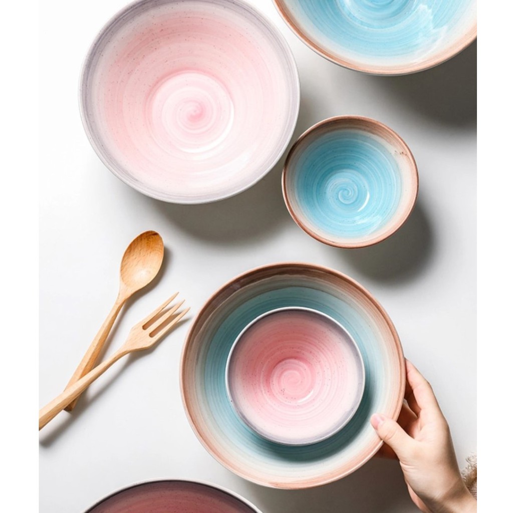 Gradient Pink Blue Japanese Ramen Bowl / Mangkok Keramik Ramen Salad Cafe Mie Korea Jepang Cantik